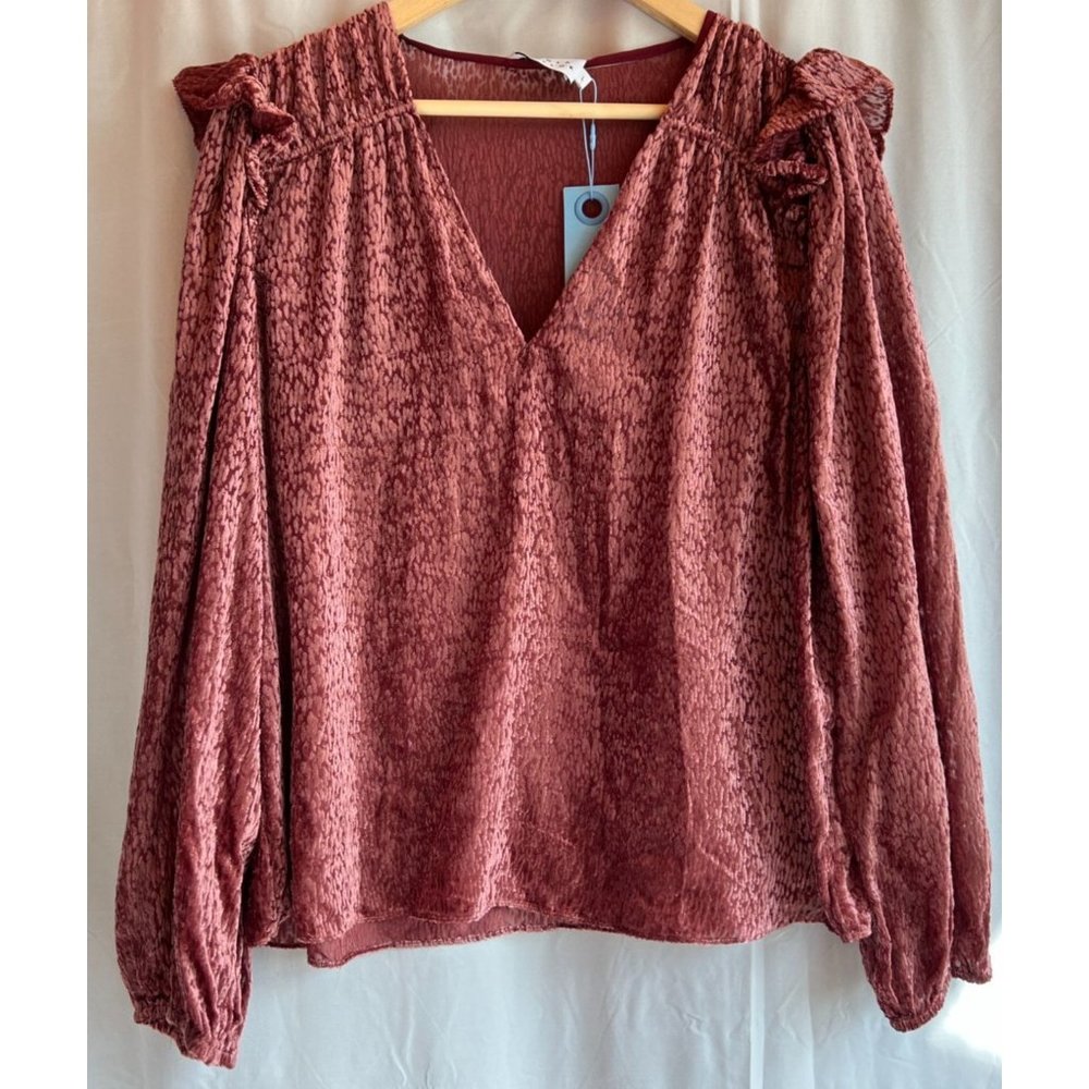 Tanya Taylor Lucy Top Textured Velvet Semi-Sheer Balloon Sleeves Blouse Rose L